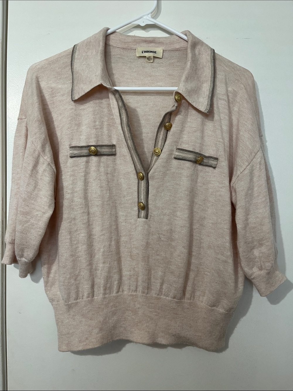L'AGENCE Blush Pink Polo-Style Knit Sweater with Gold Buttons size S